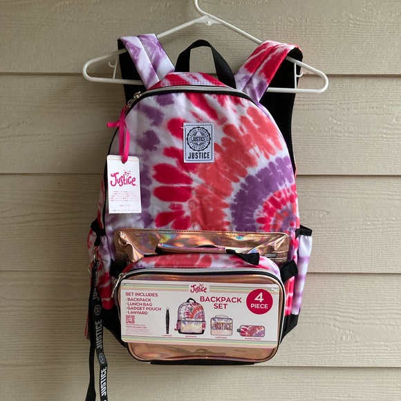 4 Piece Justice Metallic Pink Girls Backpack - Picture 1 of 8